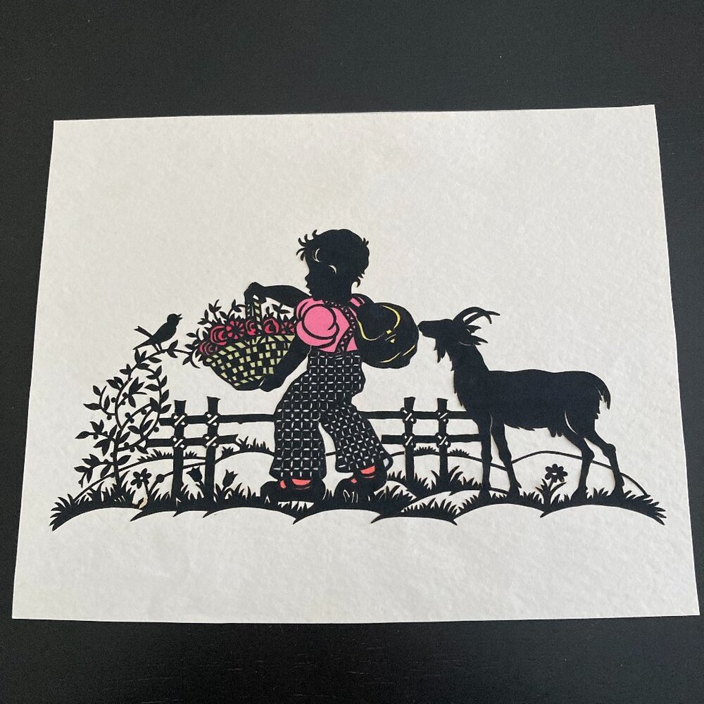 Vintage Silhouette Papercut Art - Child with Flowers and Goat